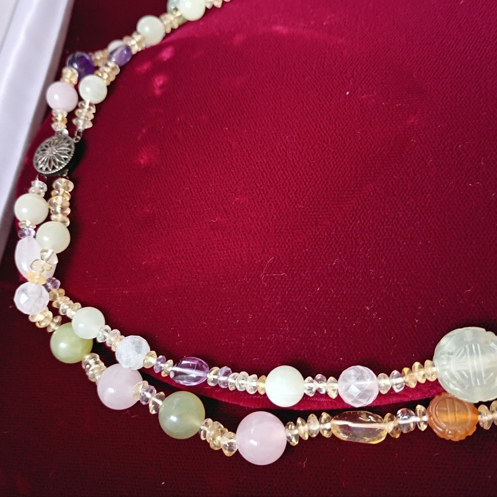 Celadon Jade Multi Gemstone Asian Vintage Necklace Spring Colors Double Strand - Picture 3 of 9